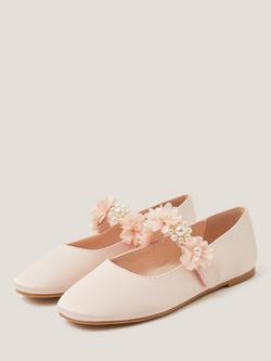 Monsoon Kids' Pearl Flower Ballet Flats, Pink - view 2, Pink