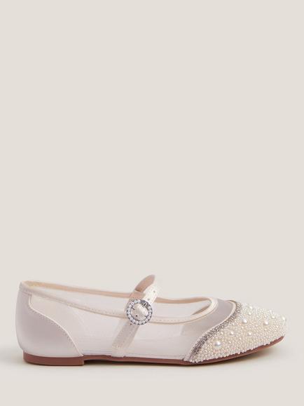 Monsoon Kids' Pearl Mesh Ballet Flats, Ivory, Ivory