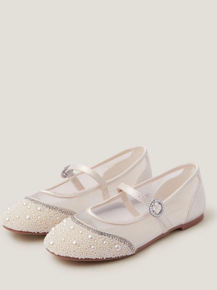 Monsoon Kids' Pearl Mesh Ballet Flats, Ivory - view 2, Ivory