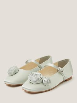 Monsoon Kids' Rosette Satin Ball Ballet Flats, Sage - view 2, Sage