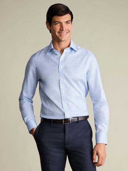 Charles Tyrwhitt Windowpane Check Cutaway Collar Non-Iron Cotton Twill Slim Fit Shirt, Sky Blue, Sky Blue