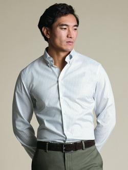 Charles Tyrwhitt Gingham Non-Iron Stretch Pinpoint Cotton Oxford Button Collar Shirt, Stone/Sky, Stone/Sky