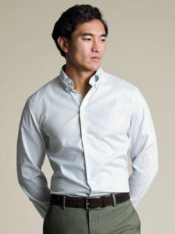 Charles Tyrwhitt Gingham Non-Iron Cotton Pinpoint Oxford Slim Fit Shirt, Stone/Sky, Stone/Sky