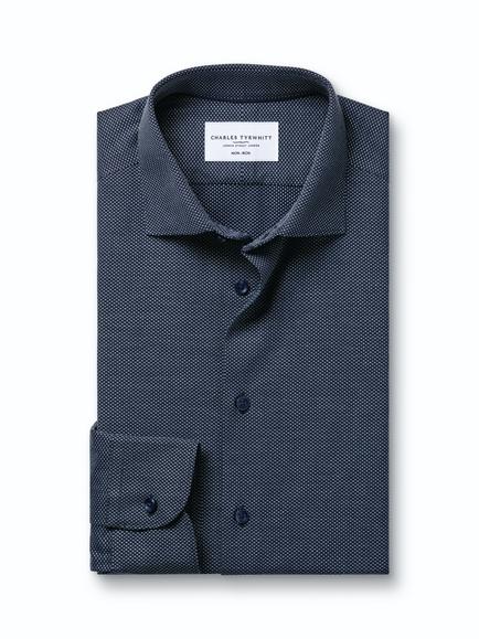 Charles Tyrwhitt Mid-Weight Cotton Dobby Weave Regular Fit Shirt - view 2, Navy