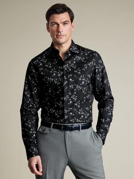 Charles Tyrwhitt Floral Print Non-Iron Stretch Cotton Poplin Slim Fit Shirt, Black/Multi, Black/Multi