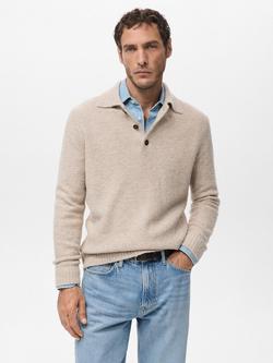 Mango Yago Long Sleeve Polo Shirt, Beige, Beige