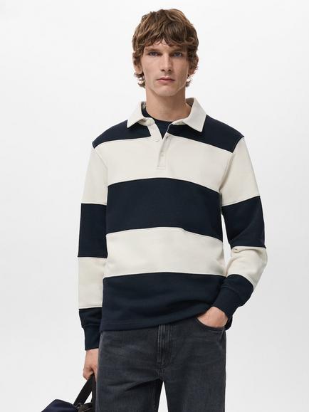 Mango Bolar Stripe Collared Neck Jumper, Navy