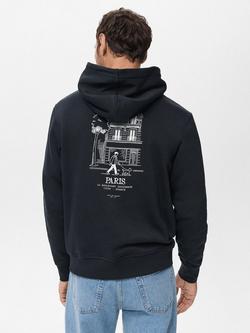 Mango Paris Cotton Graphic Hoodie, Navy - view 2, Navy