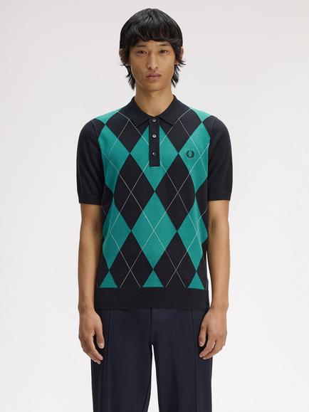 Fred Perry Cotton Argyle Knitted Shirt, Black, Black