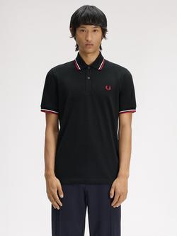 Fred Perry Cotton Twin Tipped Polo Shirt, Black/White/Bri Red, Black/White/Bri Red