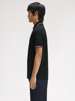 Fred Perry Cotton Twin Tipped Polo Shirt, Black/White/Bri Red - view 2, Black/White/Bri Red