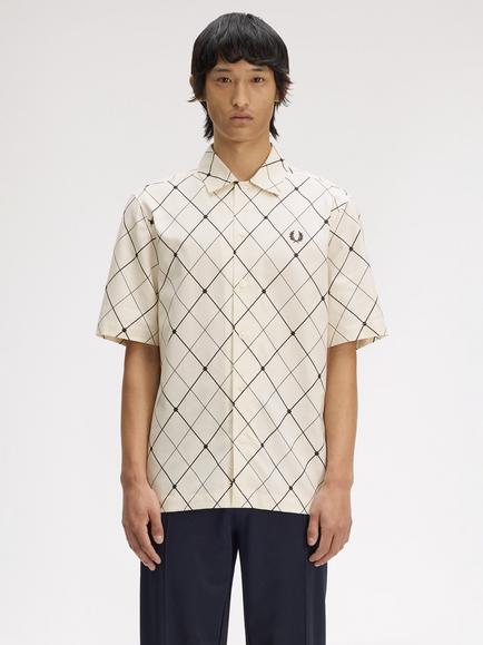 Fred Perry Tennis Net Print Argyle Beach Shirt, Ecru, Ecru