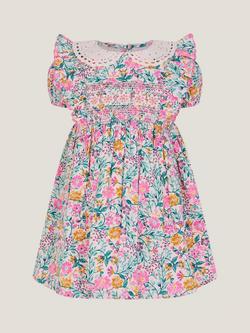 Monsoon Baby Cotton Floral Smock Dress, Ivory/Multi, Ivory/Multi