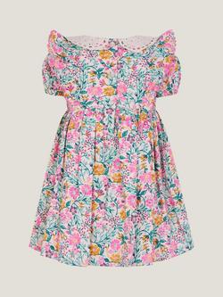 Monsoon Baby Cotton Floral Smock Dress, Ivory/Multi - view 2, Ivory/Multi