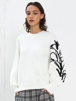 French Connection Patrice Floral Embroidered Sleeve Jumper, Summer White, Summer White