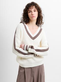 French Connection Varli V-Neck Varsity Jumper, Summer White/Taupe, Summer White/Taupe