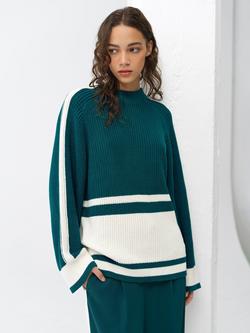French Connection Lily Mozart Side Panel Stripe Jumper, Green/Porcelain, Green/Porcelain