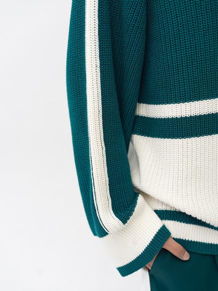 French Connection Lily Mozart Side Panel Stripe Jumper, Green/Porcelain - view 2, Green/Porcelain