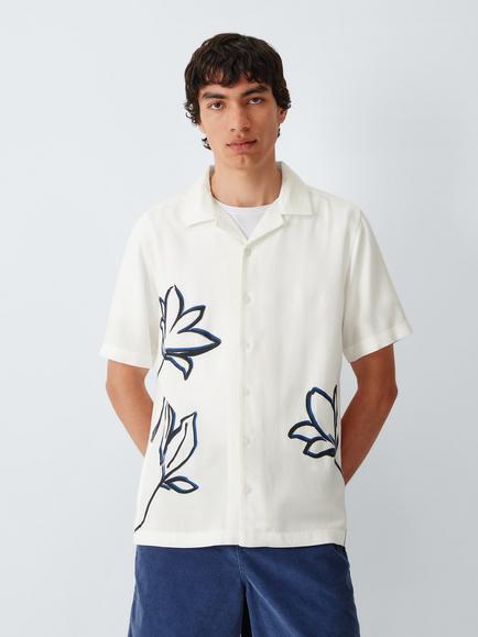 John Lewis Floral Placement Print Short Sleeve Shirt, Cloud Dancer, Cloud Dancer