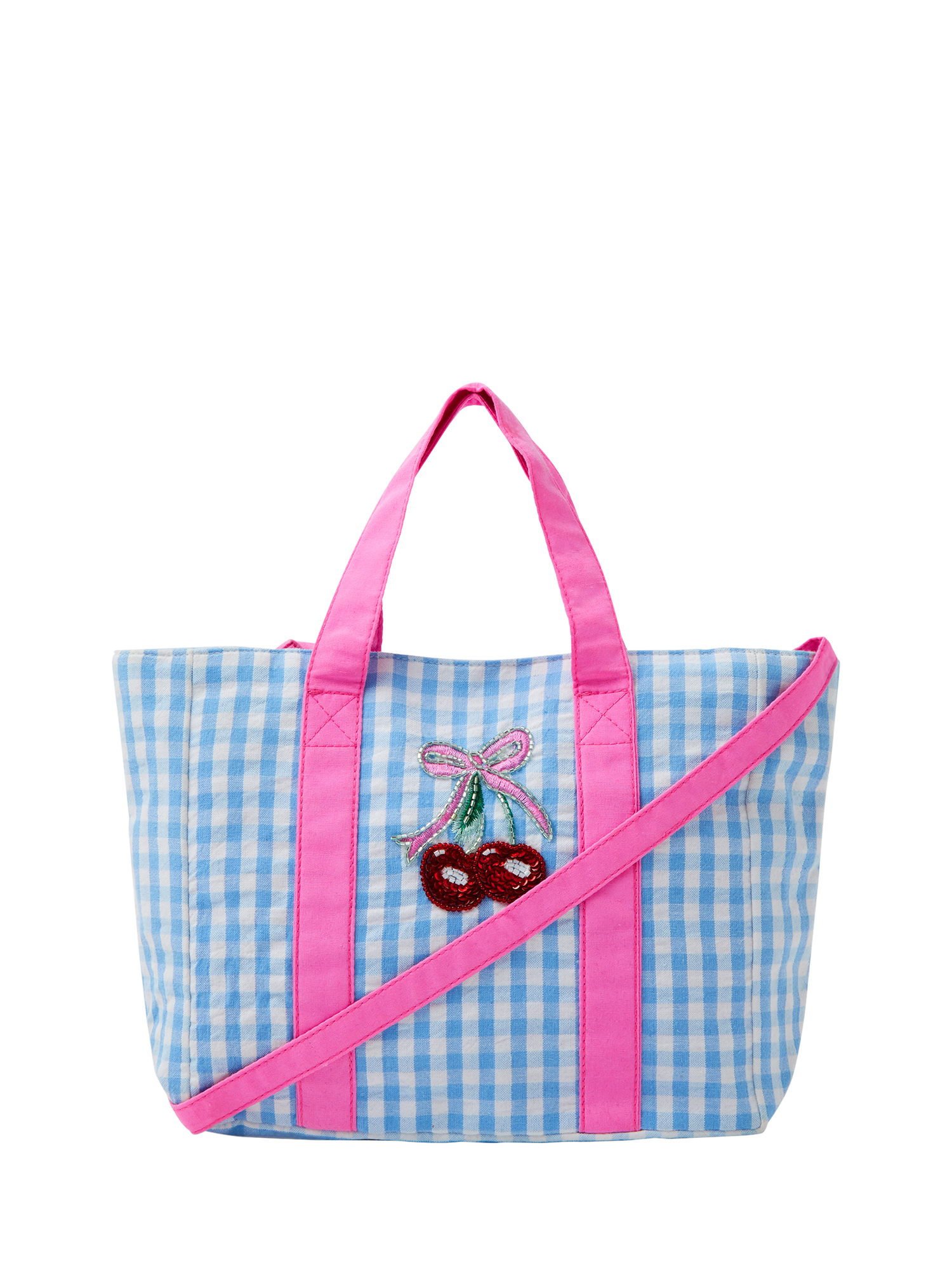 Product image 1 of 4, which shows Angels by Accessorize Kids' Mini Cherry Gingham Tote Bag, Blue, One Size