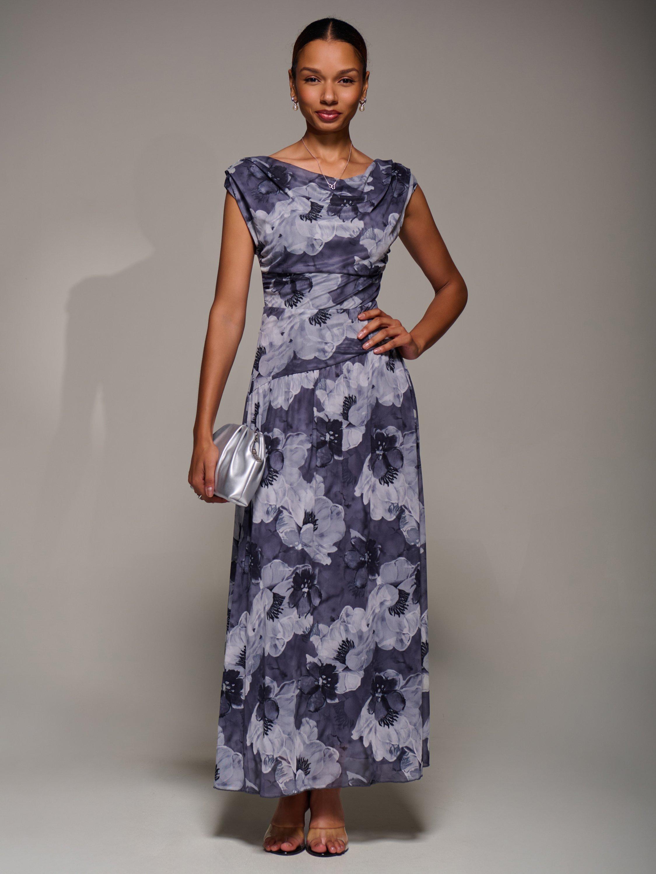 Product image 1 of 6, which shows Jolie Moi Abstract Asymmetric Draped Dress, Black Abstract, 8