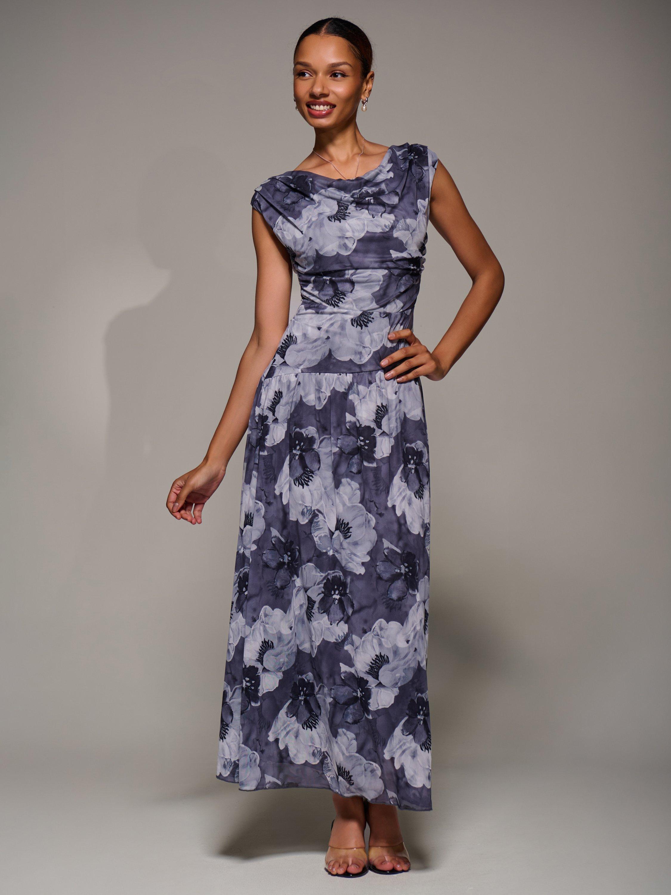 Product image 3 of 6, which shows Jolie Moi Abstract Asymmetric Draped Dress, Black Abstract, 8