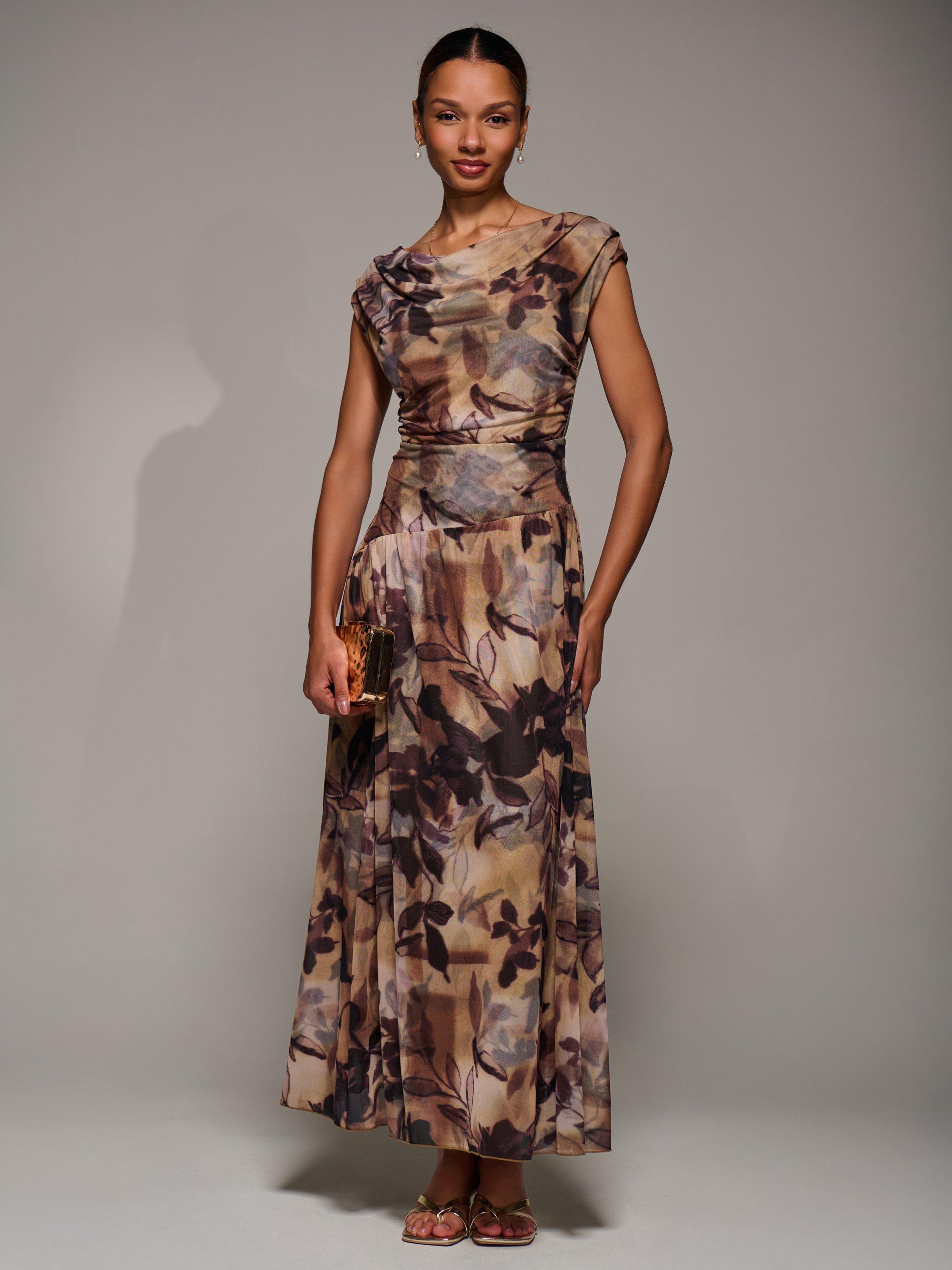 Product image 1 of 6, which shows Jolie Moi Abstract Asymmetric Draped Dress, Brown Abstract, 8