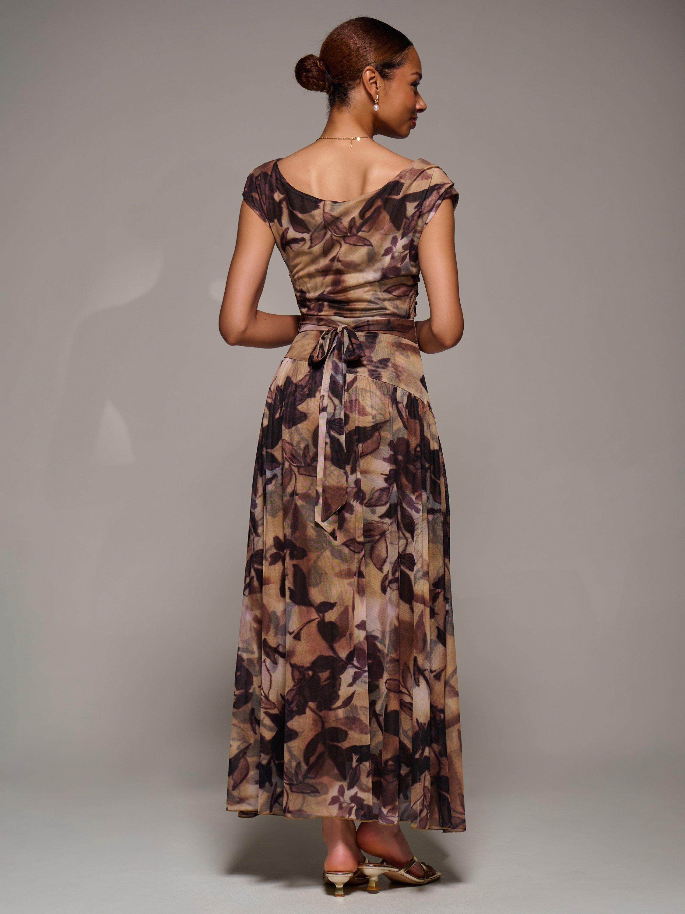 Product image 2 of 6, which shows Jolie Moi Abstract Asymmetric Draped Dress, Brown Abstract, 8