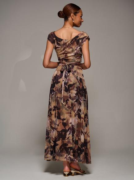 Jolie Moi Abstract Asymmetric Draped Dress, Brown Abstract - view 2, Brown Abstract