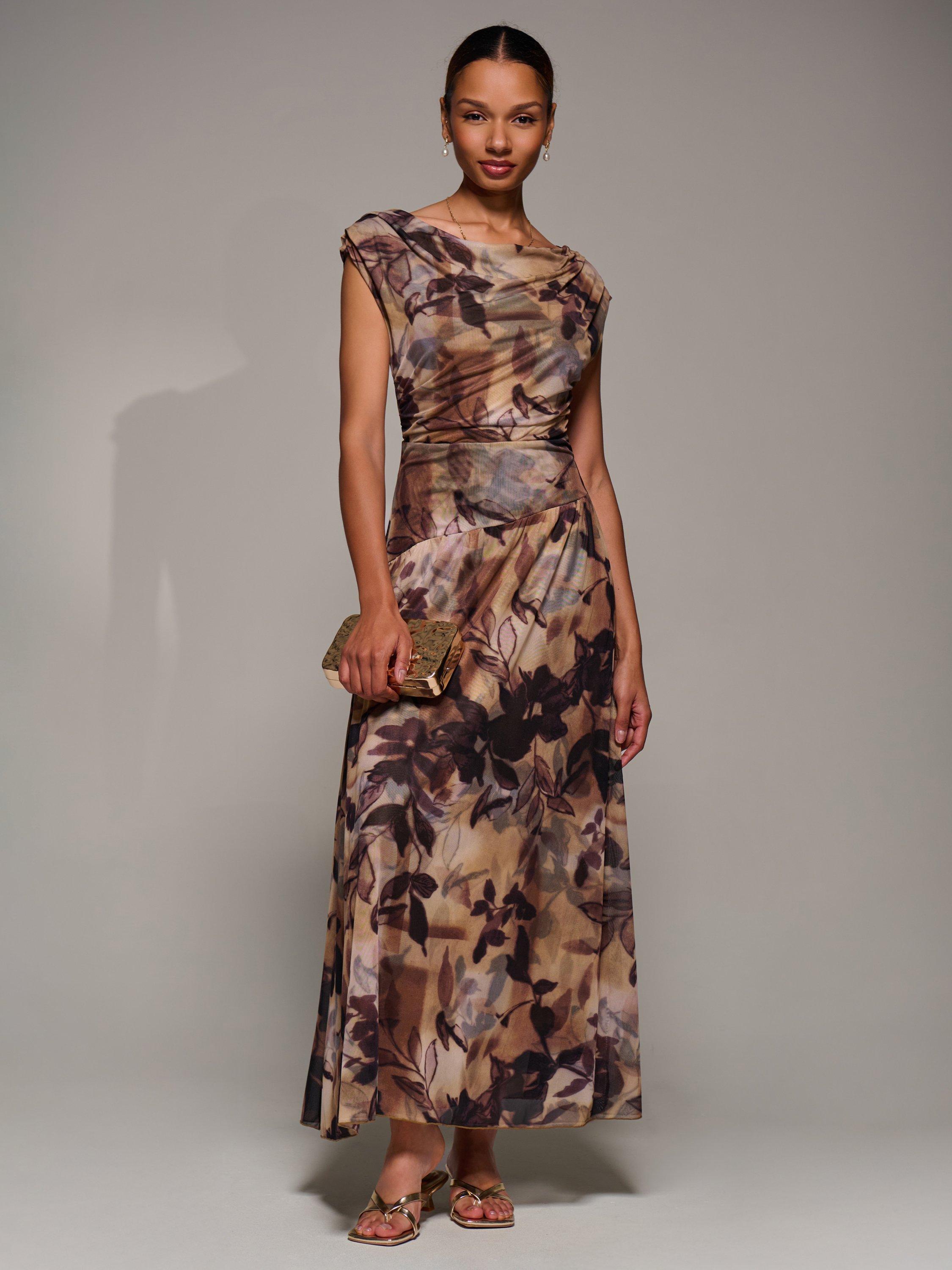 Product image 5 of 6, which shows Jolie Moi Abstract Asymmetric Draped Dress, Brown Abstract, 8