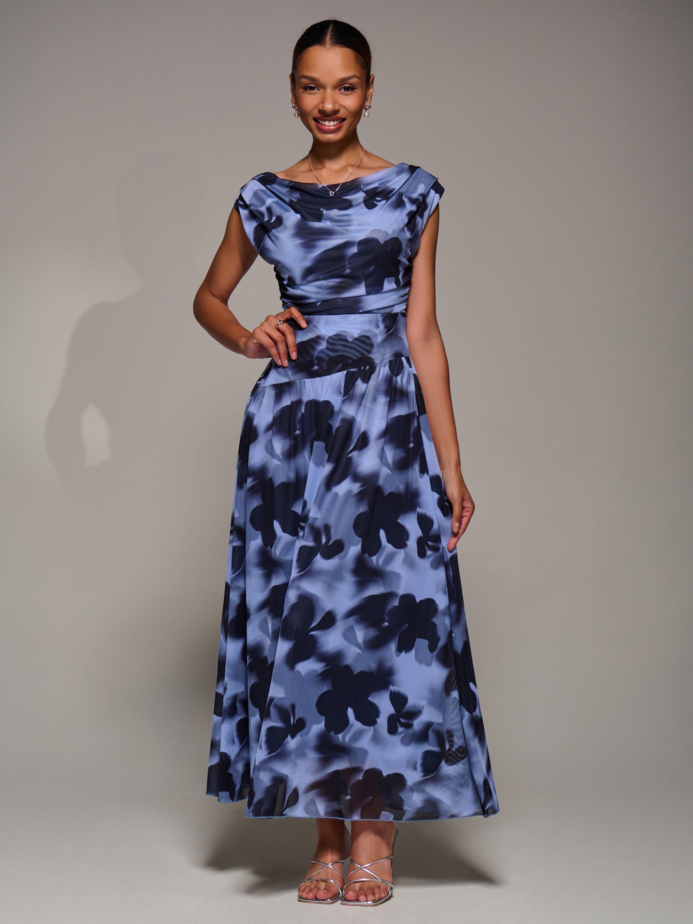 Product image 1 of 6, which shows Jolie Moi Asymmetric Draped Dress, Blue Abstract, 8