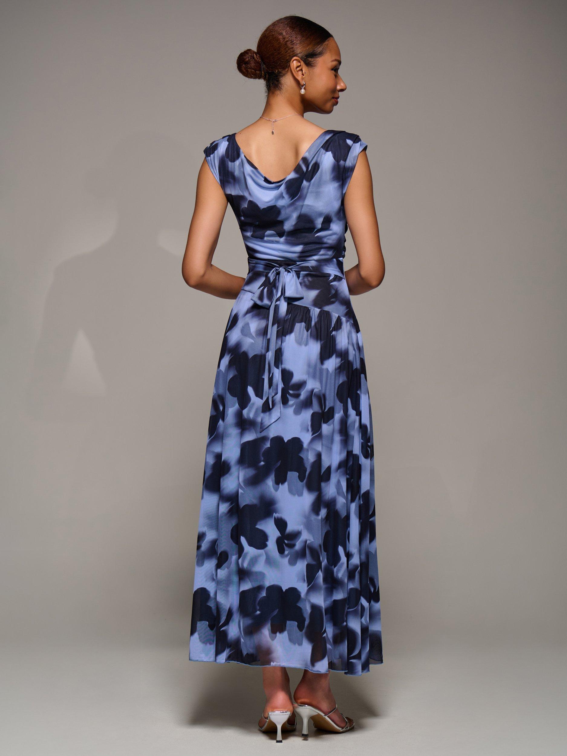 Product image 2 of 6, which shows Jolie Moi Asymmetric Draped Dress, Blue Abstract, 8