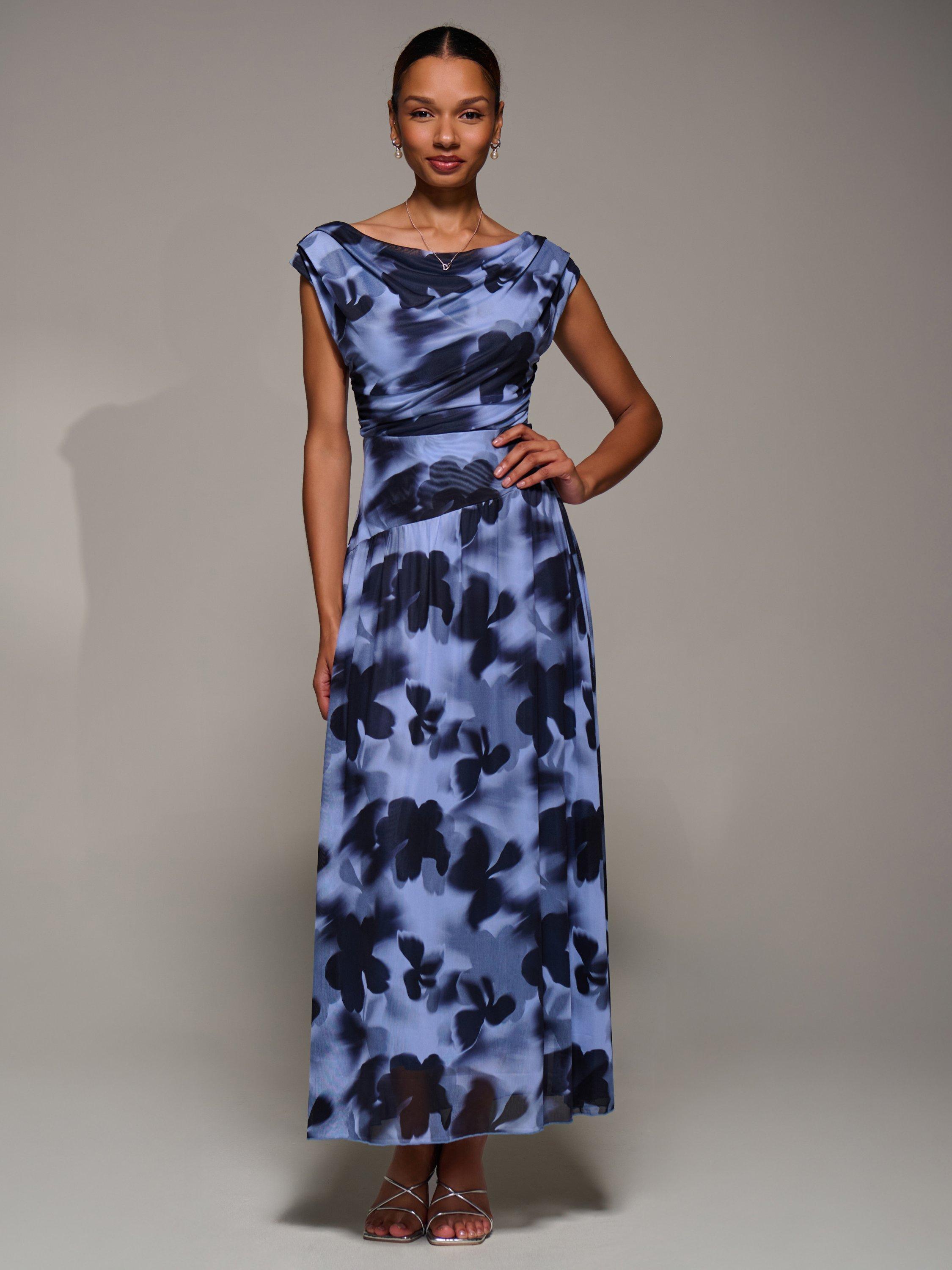 Product image 3 of 6, which shows Jolie Moi Asymmetric Draped Dress, Blue Abstract, 8