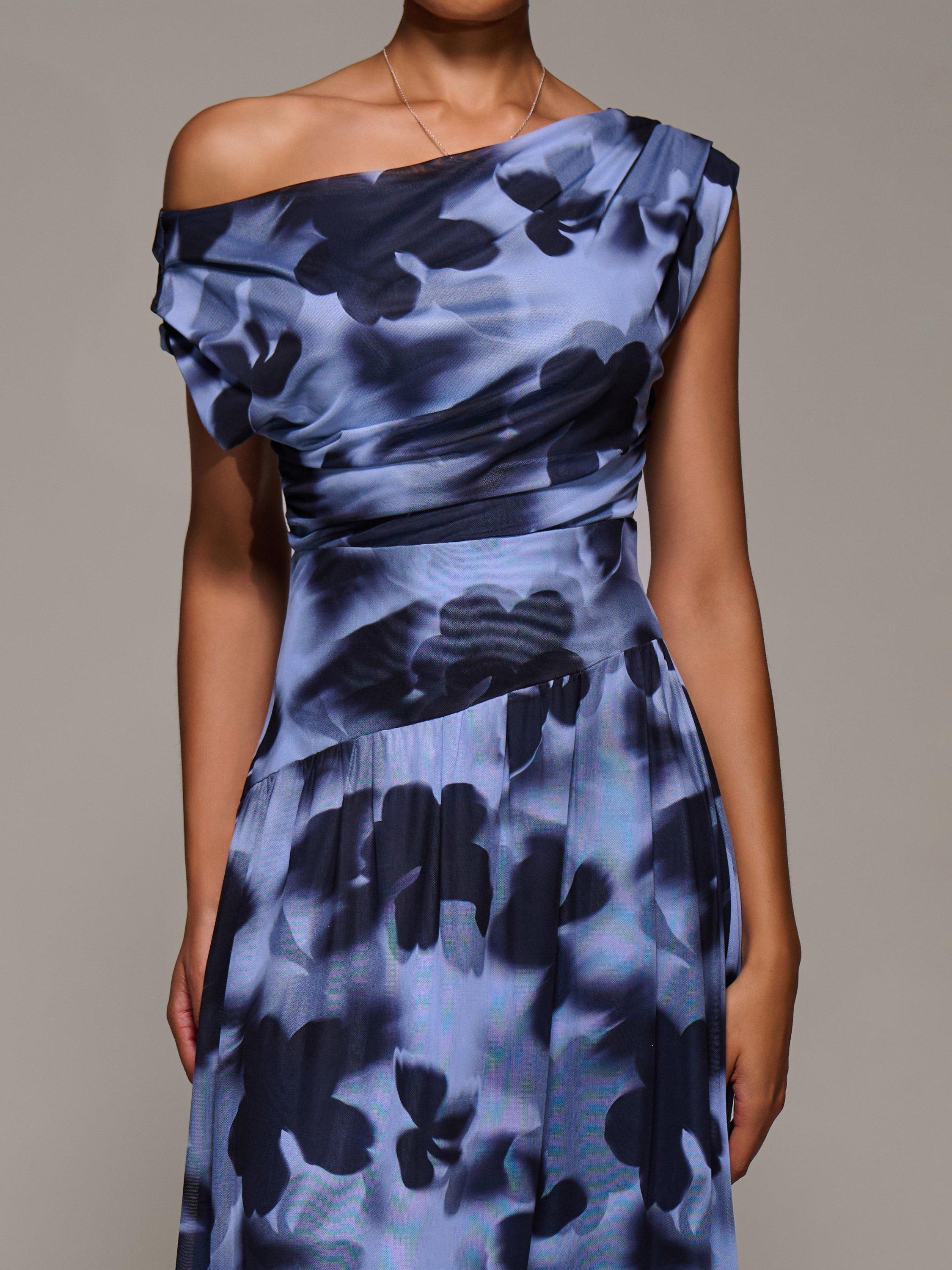 Product image 4 of 6, which shows Jolie Moi Asymmetric Draped Dress, Blue Abstract, 8
