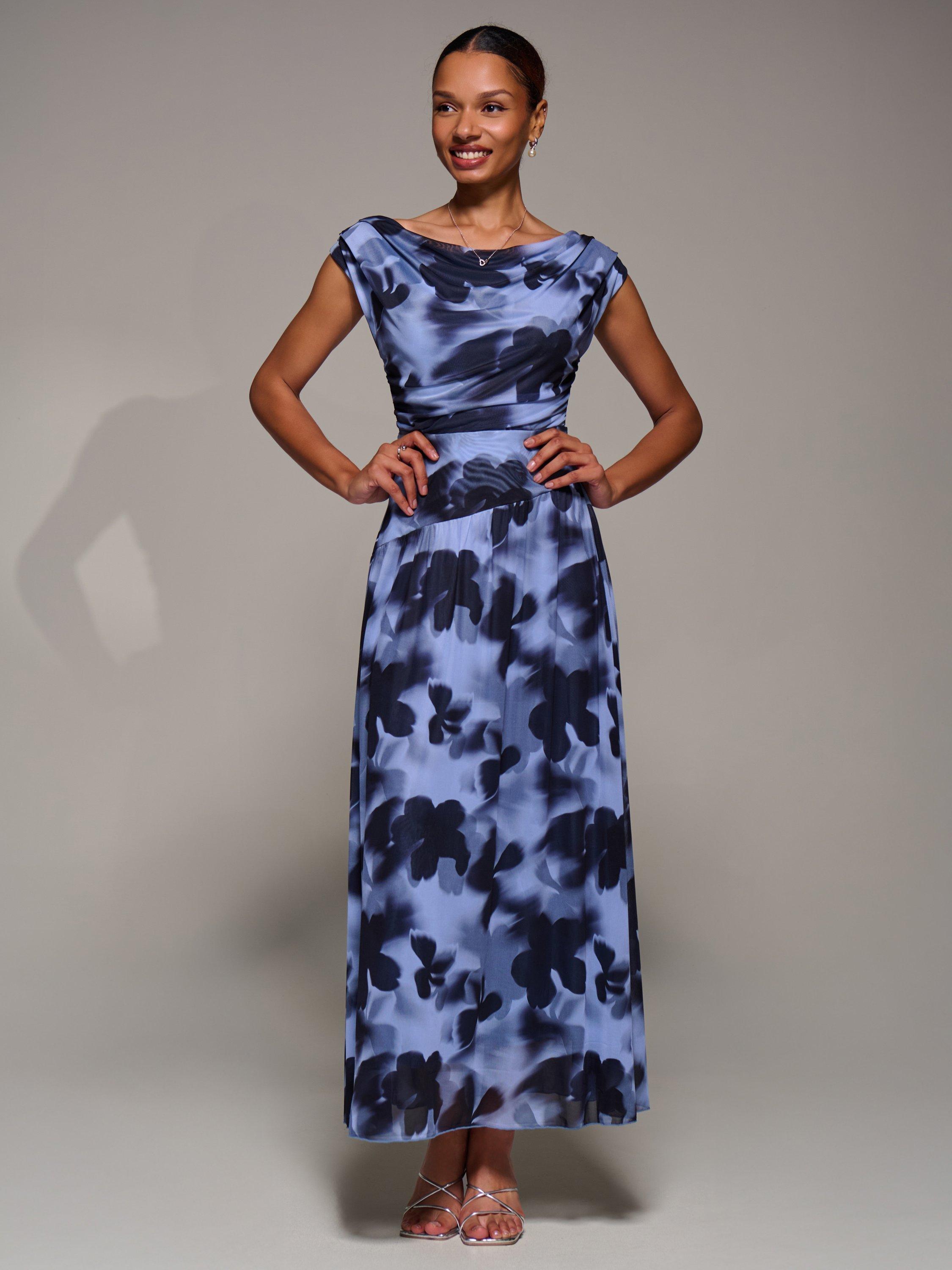 Product image 5 of 6, which shows Jolie Moi Asymmetric Draped Dress, Blue Abstract, 8