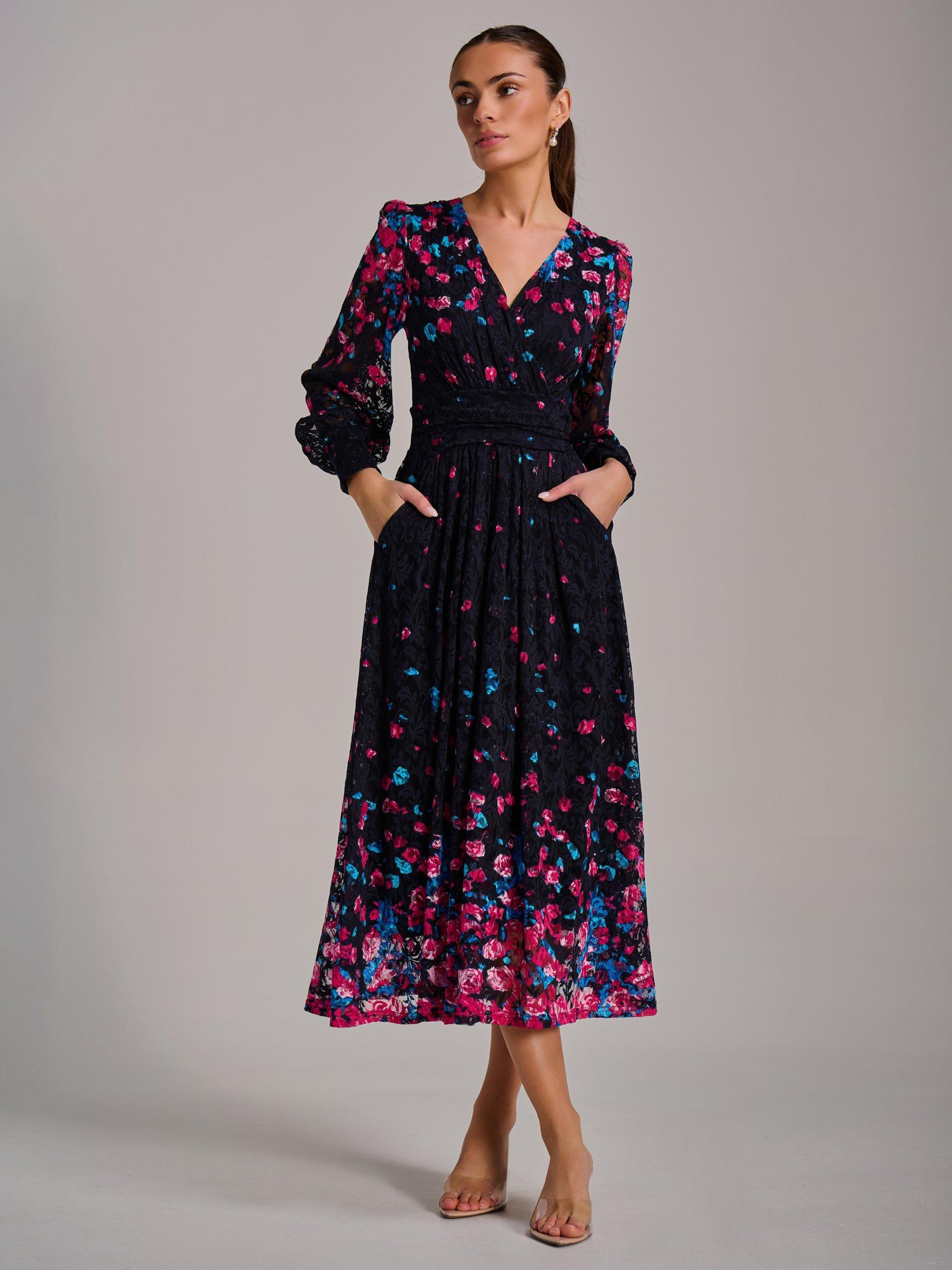 Product image 1 of 6, which shows Jolie Moi Print Lace Maxi Dress, Pink Multi, 8