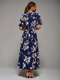 Jolie Moi Puff Sleeve Maxi Dress, Navy Floral - view 2, Navy Floral