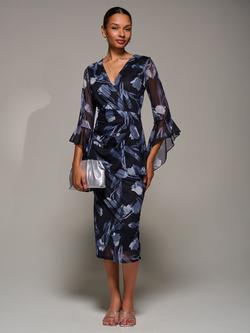 Jolie Moi Floral Ruched Mesh Bodycon Dress, Black Floral, Black Floral