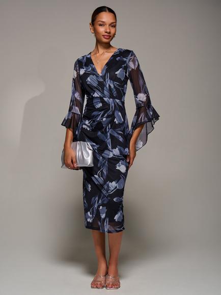 Jolie Moi Floral Ruched Mesh Bodycon Dress, Black Floral, Black Floral