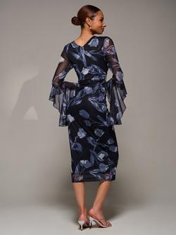 Jolie Moi Floral Ruched Mesh Bodycon Dress, Black Floral - view 2, Black Floral