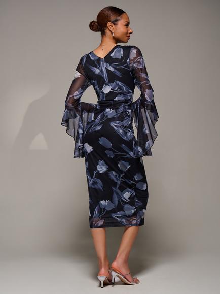 Jolie Moi Floral Ruched Mesh Bodycon Dress, Black Floral - view 2, Black Floral