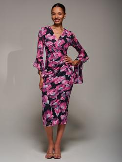 Jolie Moi Floral Ruched Mesh Bodycon Dress, Pink Floral, Pink Floral