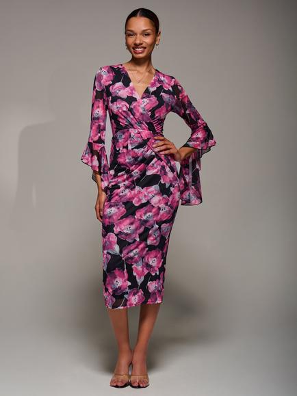 Jolie Moi Floral Ruched Mesh Bodycon Dress, Pink Floral, Pink Floral