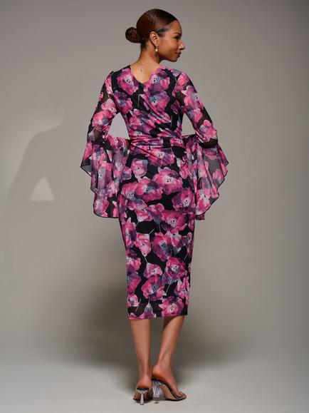 Jolie Moi Floral Ruched Mesh Bodycon Dress, Pink Floral - view 2, Pink Floral