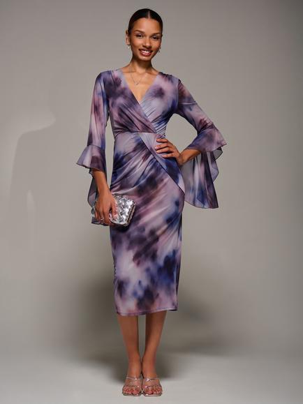 Jolie Moi Abstract Ruched Mesh Bodycon Dress, Purple Abstract, Purple Abstract