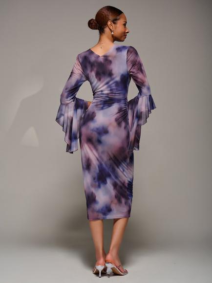 Jolie Moi Abstract Ruched Mesh Bodycon Dress, Purple Abstract - view 2, Purple Abstract