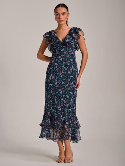Jolie Moi Floral Ruffle Neck Midaxi Dress, Teal Multi, Teal Multi