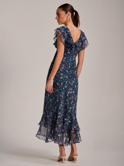 Jolie Moi Floral Ruffle Neck Midaxi Dress, Teal Multi - view 2, Teal Multi