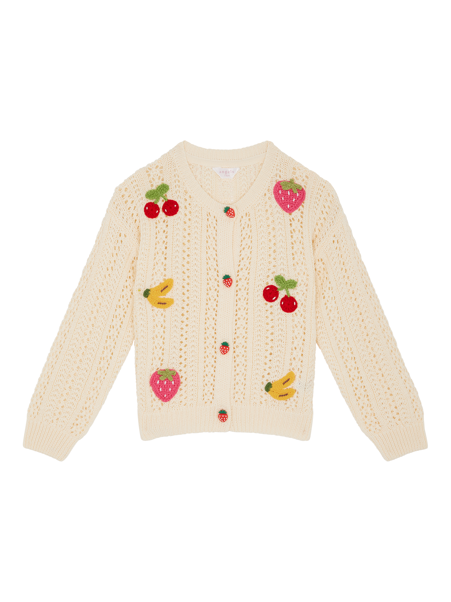 Product image 1 of 3, which shows Angels by Accessorize Kids' Fruit Knit Cardigan, Ivory, 3-4 years