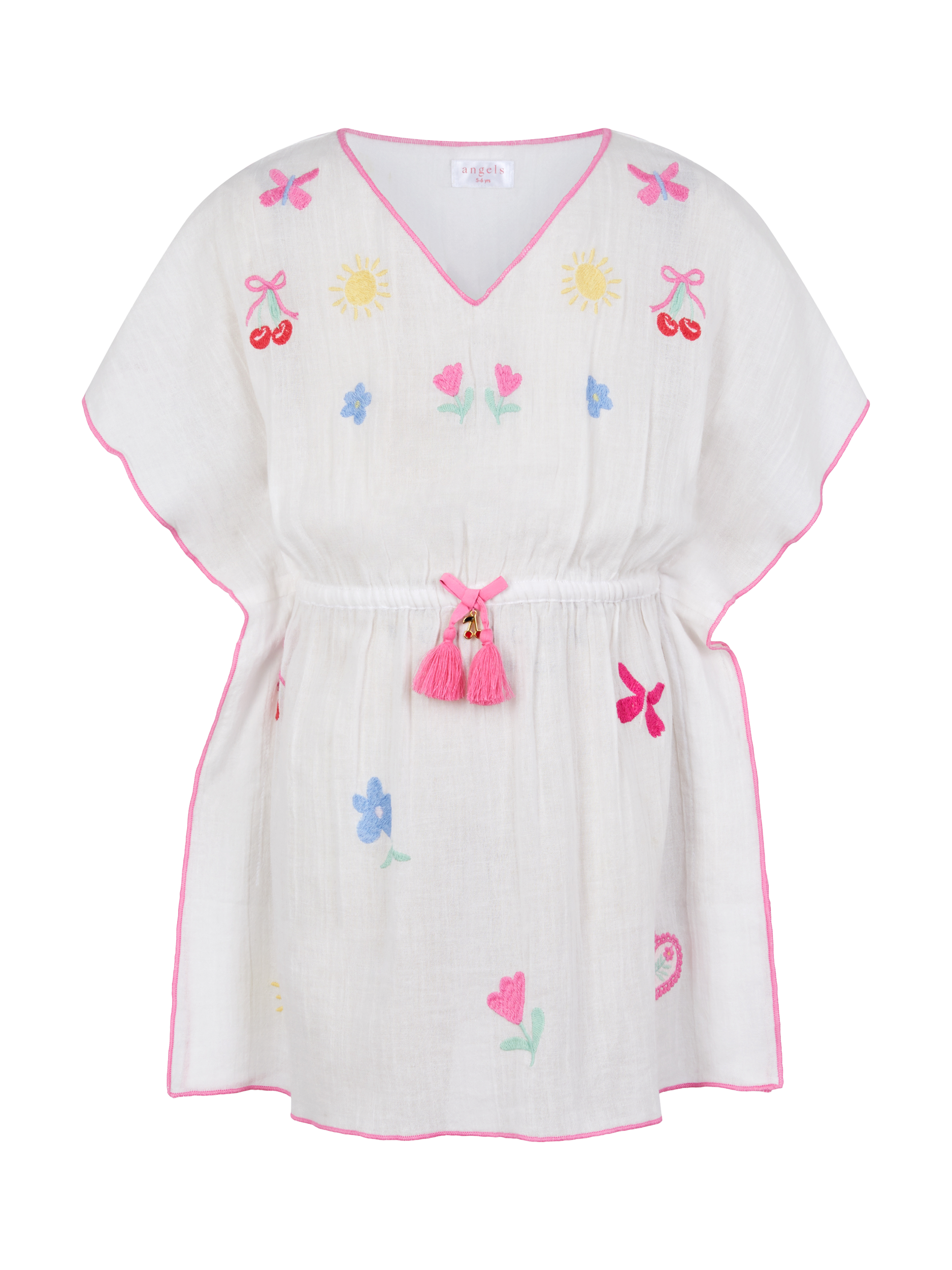 Product image 1 of 3, which shows Angels by Accessorize Kids' Cherry Embroidered Kaftan, White, 18-24 months